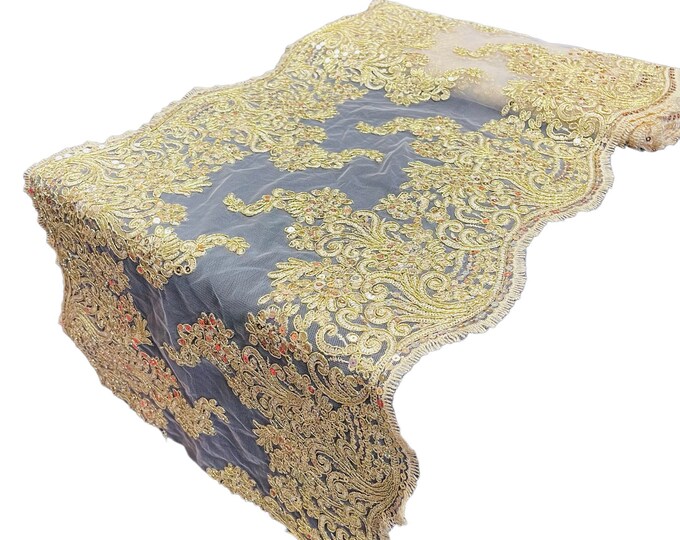 14”Wide Metallic Gold Floral Lace Fabric For Runner, by the yard - Embroidery With Sequins on a Mesh Lace Fabric For Applications