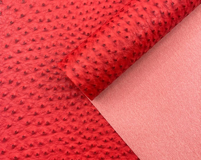 Red Ostrich Faux Leather Upholstery By The Yard, Ostrich Embossed Vinyl Leather Upholstery, Purses Shoes Wallets 54" Wide