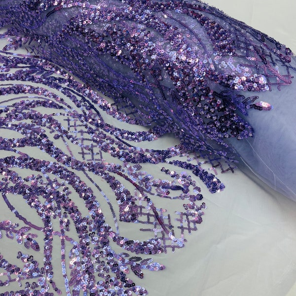 Lilac Fashion Design Beads and Sequins, Beaded Fabric Embroidered on a Mesh Lace,Wedding,Bridal,Dress Sold By The Yard