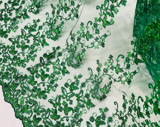 Hunter Green Hologram Sequin Butterfly Lace Fabric: Metallic Corded Embroidery with Sequins