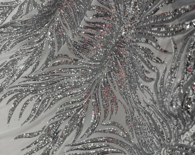 Silver Sequin Fabric Sold By The Yard, White Mesh 4 Way Stretch, Embroidery on a Mesh Phoenix Wing Sequins Fabric for Prom Gala Gown