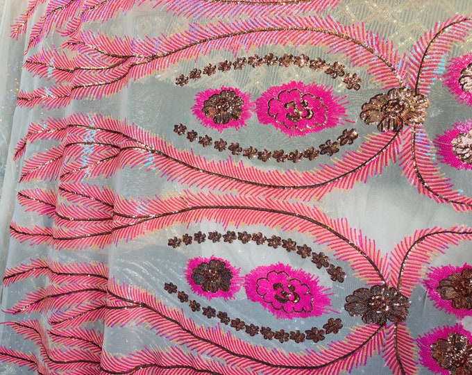 Iridescent Lilac Sequins Fabric, Damask Design 4 Way Stretch Sequin Fabric on a Spandex Mesh-Prom-Gown By The Yard