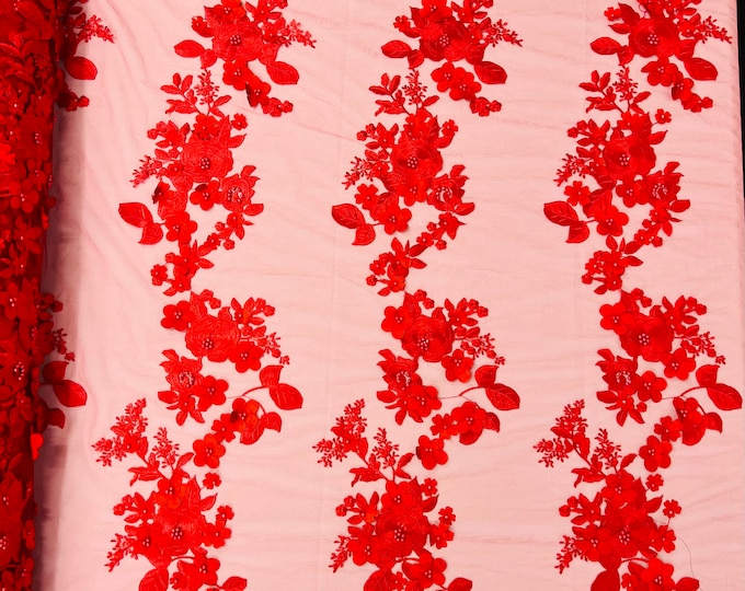 Mia Fabrics Inc, Red 3D Floral-Flower With Pearl, Bridal Lace 3D Flower Wedding Lace by the Yard (Pick a Size)