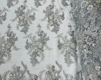Silver Flower Beaded Lace Fabric | Embroidered Mesh, Bridal Border