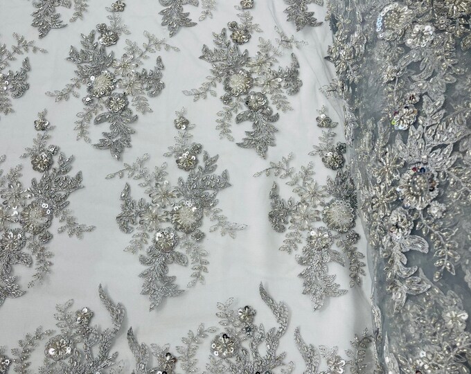 Silver Flower Cluster Beaded Fabric | by the yard | Embroidered Beaded Layered Border Fabric, Lace Beaded