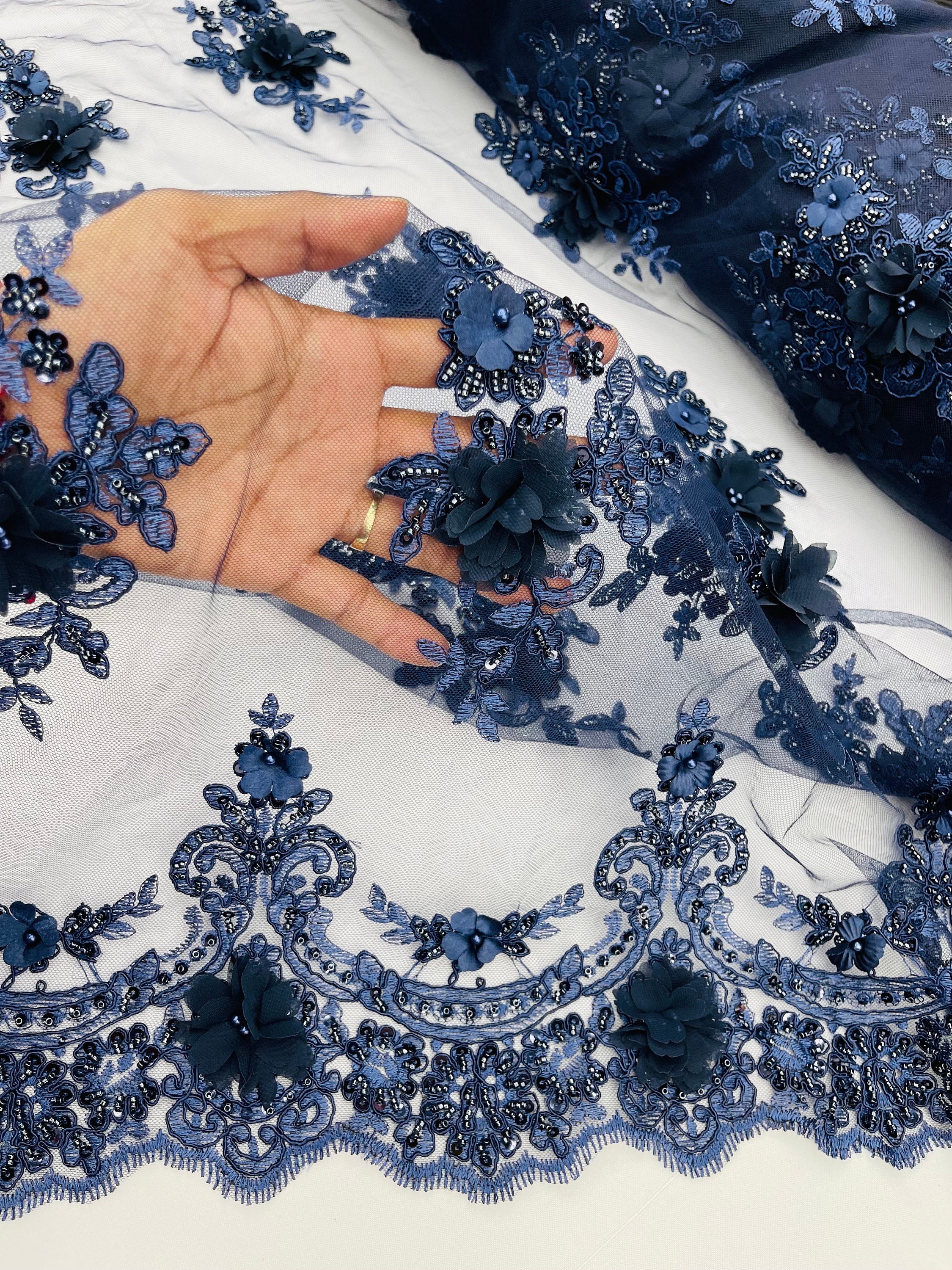 Navy Blue 3D Chiffon Flower Beaded Lace Fabric: Bridal Wedding Dress - Etsy