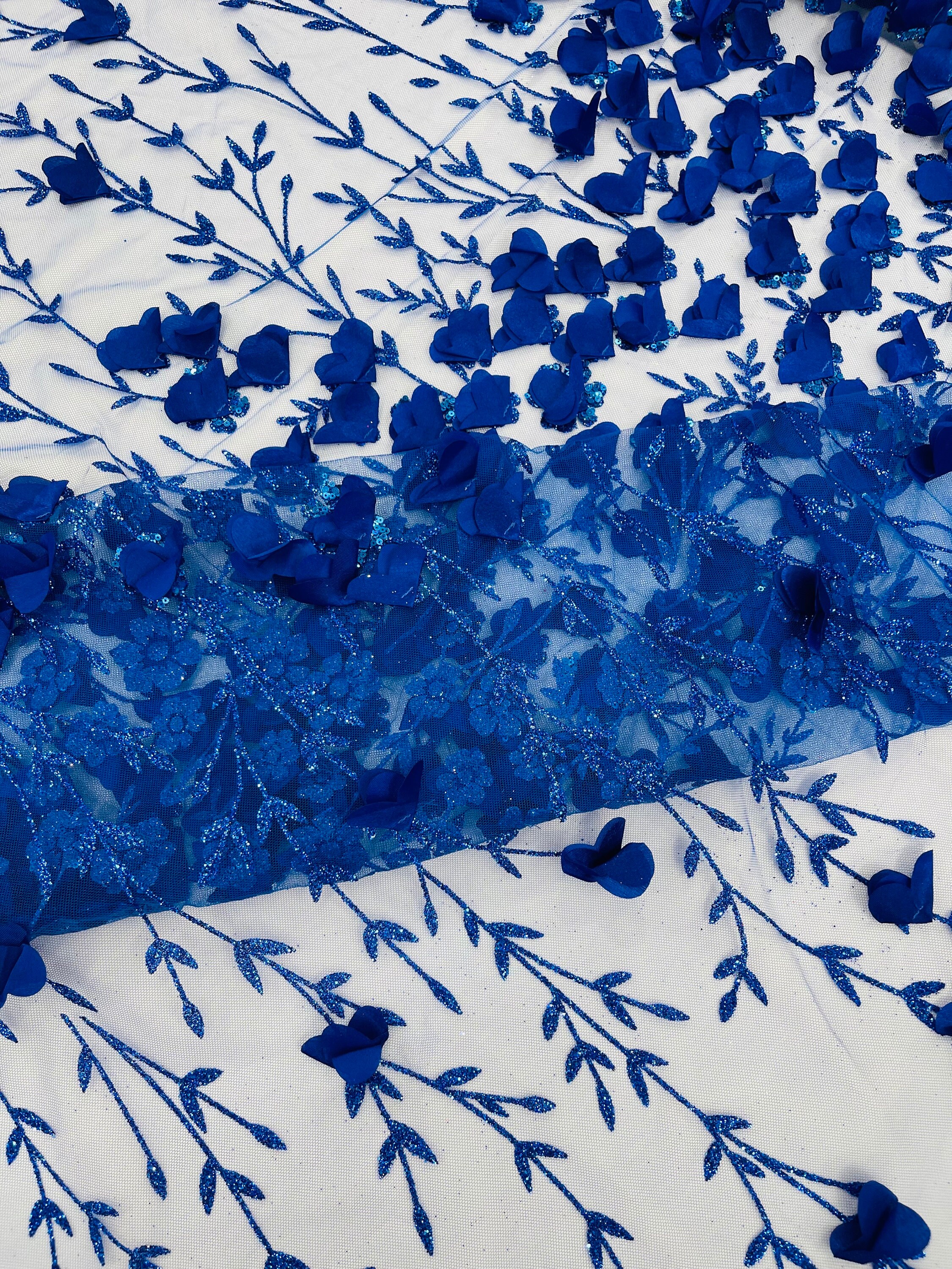 Royal Blue 3D Flower Sequin Fabric, Glitter Tulle Mesh, Wedding Dress ...