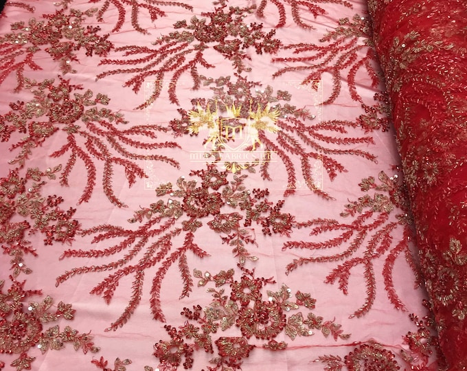 Red Hand Beaded Lace, Embroidered Floral Design Fancy Sequins Fabric with Beads Sold in Many Colors By The Yard