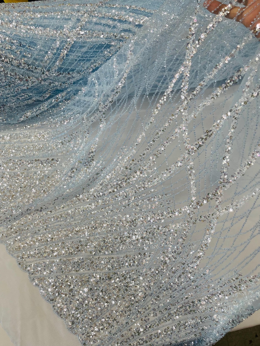 Baby Blue Beaded Fabric Sold by the Yard, Fashion Design Beads and ...