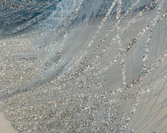 Baby Blue Beaded Fabric Sold By The Yard, Fashion Design Beads and Sequins, Beaded Fabric Embroidered on a Mesh Lace,Wedding,Bridal,Dress
