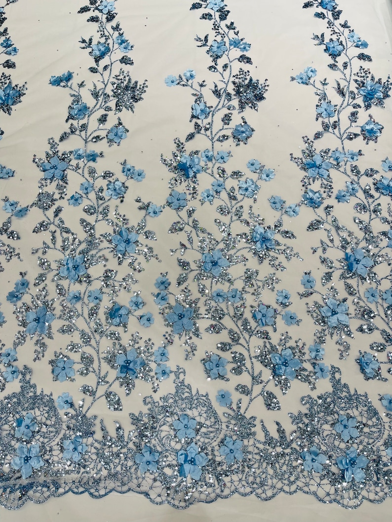 Baby Blue 3D Flower Sequin Fabric, Glitter Floral Mesh, Wedding Dress ...