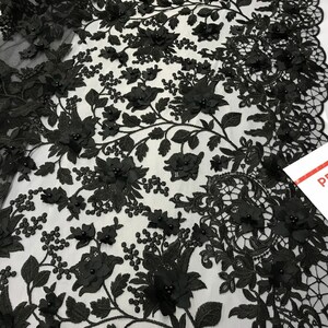 Royalty Fabrics Floral hand beaded design embroider on a mesh lace-prom-sold by the yard. Black main image 0