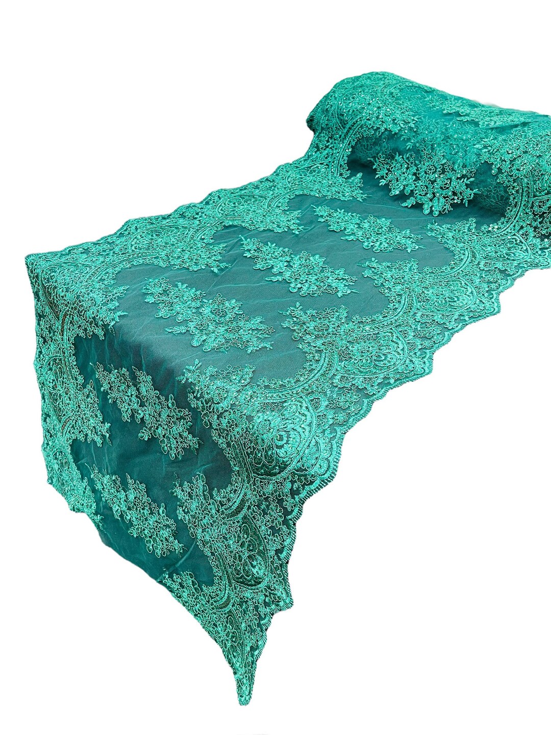 Hunter Green Floral Lace Fabric for Runner 21 Wide, by the Yard