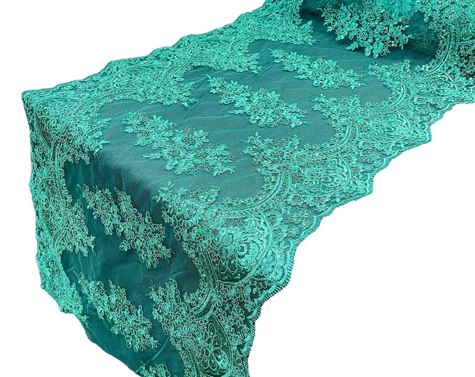 Hunter Green Floral Lace Fabric For Runner 21” Wide, by the yard - Embroidery With Sequins on a Mesh Lace Fabric For Applications Wedding