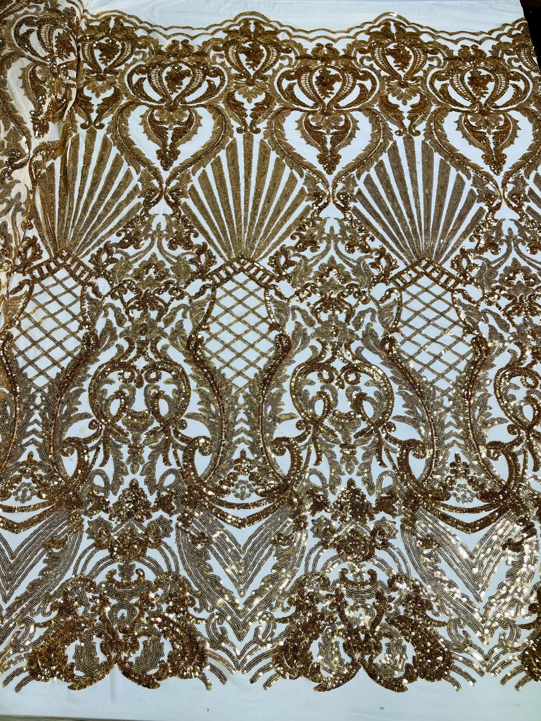 Gold Sequin Damask Selena Design on a 4 Way Stretch Sequin Lace Mesh