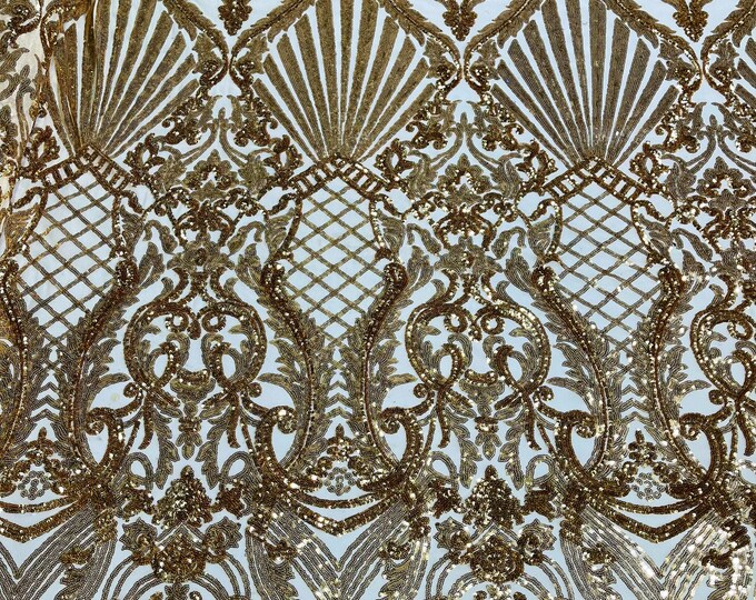 Gold Sequin Damask Selena Design on a 4 Way Stretch Sequin Lace Mesh - Prom Gala Gown Fabric By Yard