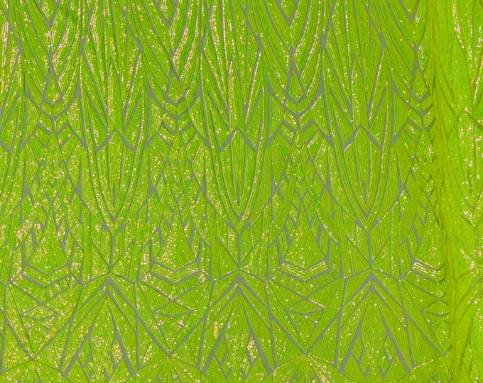 Lime Green iridescent Sequin Fabric by the yard on a Mesh 4 Way Stretch - Geometric Design Embroidery With Sequins Iridescent (Pick a Size)