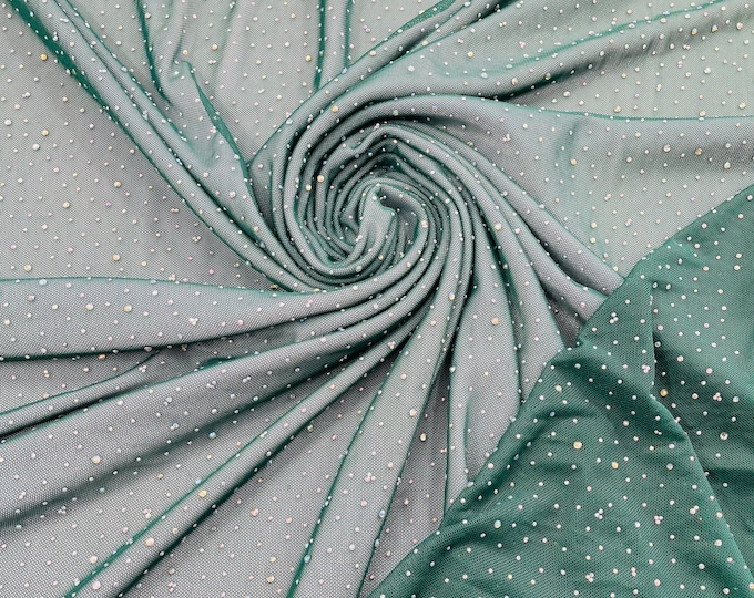 Hunter Green | AB Rhinestones Fabric On Power Mesh Polyester Spandex Fabric With Crystal Stones | AB Rhinestones Fabric sold by the yard