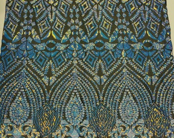Iridescent Aqua Blue - 4 Way Stretch Geometric Sequins Bella Design on Mesh Fabric for Prom Gala Gown Sold By The Yard