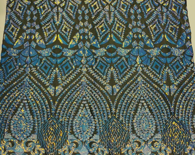 Iridescent Aqua Blue - 4 Way Stretch Geometric Sequins Bella Design on Mesh Fabric for Prom Gala Gown Sold By The Yard