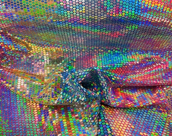 Iridescent Honeycomb Foil Spandex Fabric: Multi-Color Hexagon Print