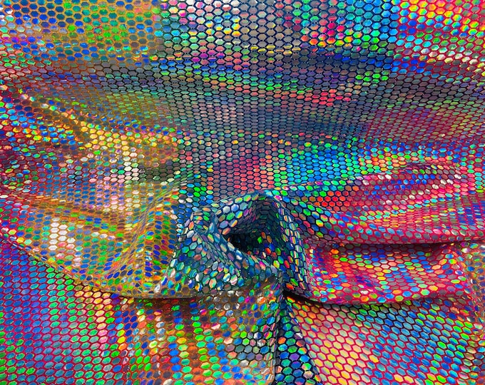 Honeycomb Foil Fabric - Iridescent Multi- Color  - Hexagon Print On White Spandex Fabric By The yard, (Choose The Size)