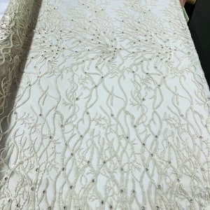 Off White Bridal Wedding Lace Beaded Fabric - by the yard - Root Design Hand Embroidered With Beads and Sequins on a Mesh
