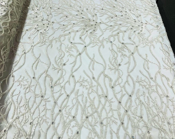 Off White Bridal Wedding Lace Beaded Fabric - by the yard - Root Design Hand Embroidered With Beads and Sequins on a Mesh