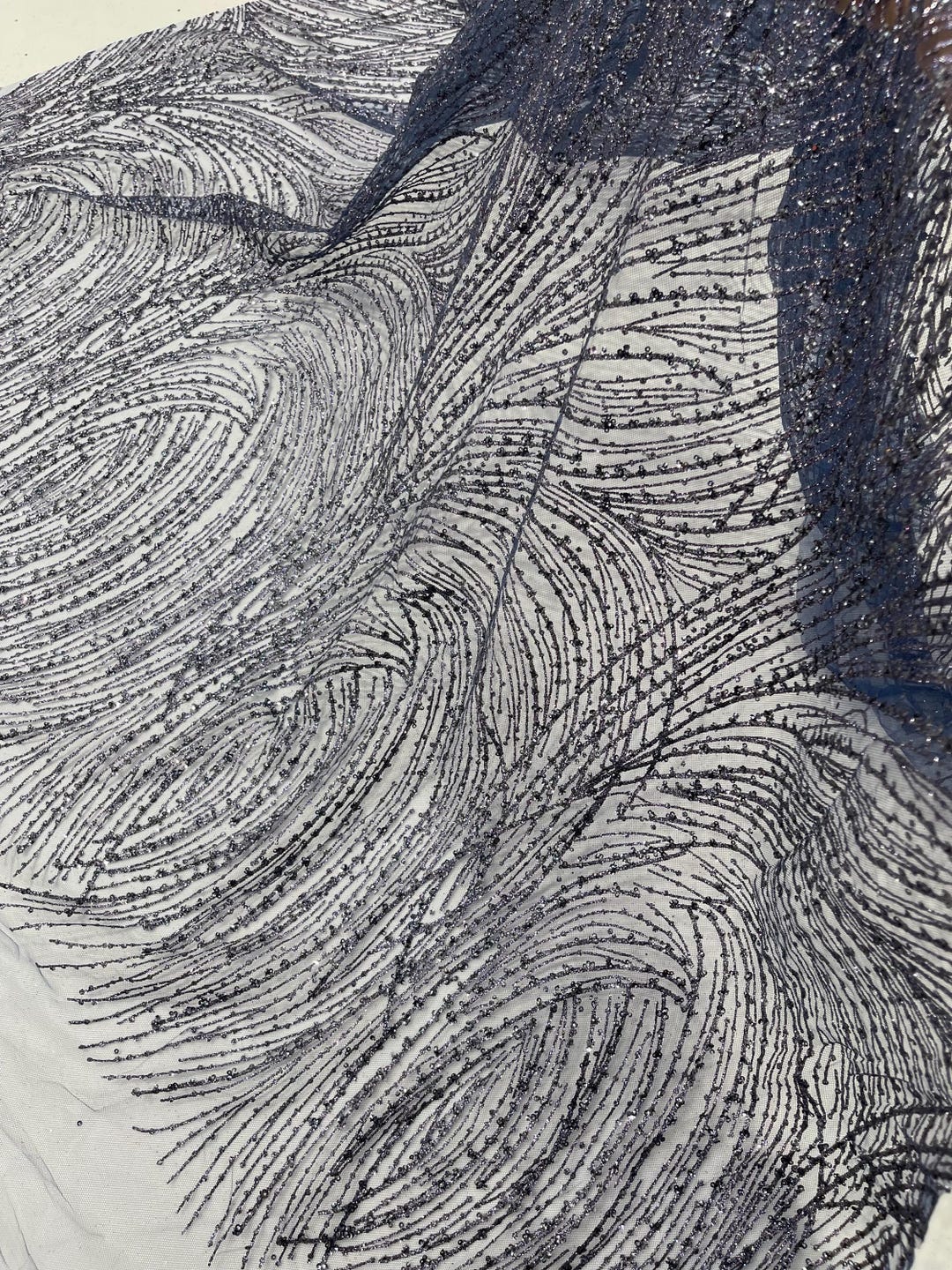 Navy Blue Glitter on Mesh Lace Fabric by the Yard - Fashion Glitter ...