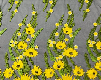 Yellow/Green Floral Lace Fabric, by the yard - Embroidery on Black Mesh Lace Fabric For Wedding-Bridal