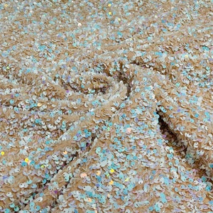 Aqua Iridescent Sequin Fabric on Blush Stretch Velvet - by the yard - all Over 5mm Sequins Velvet 2-way Stretch 58/60”