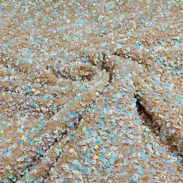 Aqua Iridescent Sequin Fabric on Blush Stretch Velvet - by the yard - all Over 5mm Sequins Velvet 2-way Stretch 58/60”