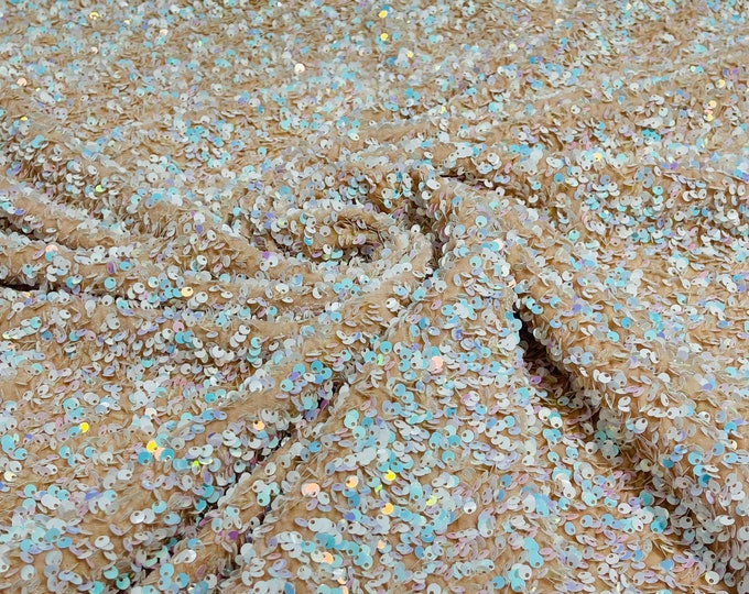 Aqua Iridescent Sequin Fabric on Blush Stretch Velvet - by the yard - all Over 5mm Sequins Velvet 2-way Stretch 58/60”