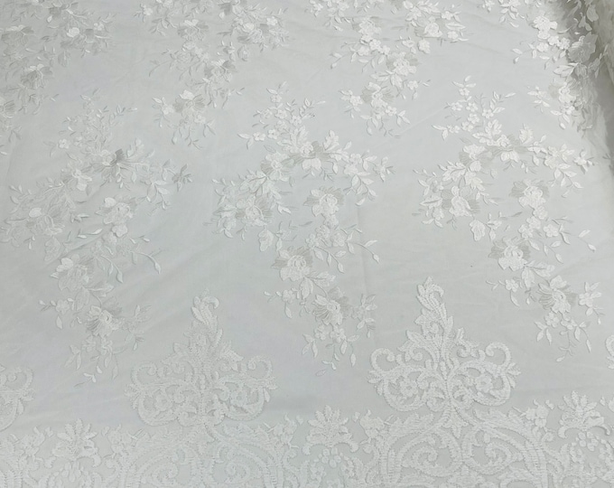 White Bridal Lace - by the yard - Damask Design Embroidered on Mesh Lace Fabric, Floral Wedding Dress (Pick a Size)