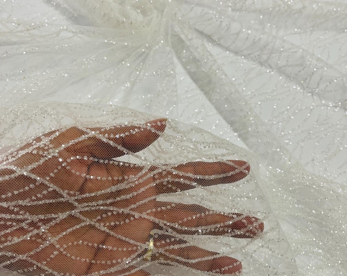White Glitter Mesh, Glitter Tulle Lace Fabric: Bridal, Prom, Quinceañera Decor