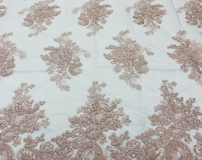 Blush Floral Lace Fabric, Embroidery on a Mesh Lace Fabric By The Yard For Gown, Wedding-Bridal-Dress