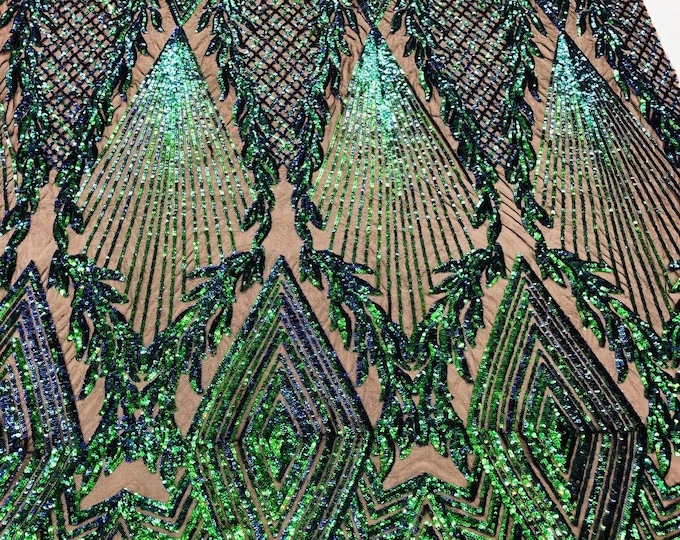 Iridescent Green Sequins Fabric  - 4 Way Stretch Geometric Diamond Design on Mesh Fabric for Prom Gala Gown By The Yard