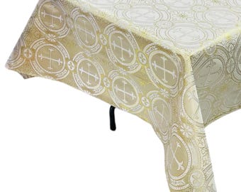 Beige Gold Religious Brocade Tablecloth - Liturgical Fabric, Ecclesiastical Jacquard Tablecloth, Church Vestment, Cross Brocade Tablecloth