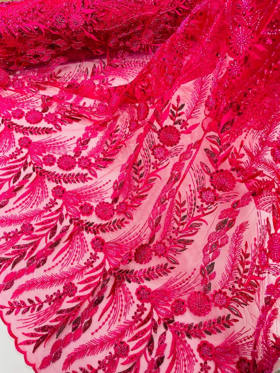 Fuchsia Beaded Floral Lace Fabric: Embroidered Sequins on Mesh