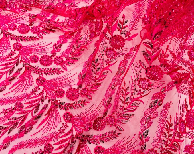 Fuchsia Floral Design Beads and Sequins, Lace Beaded Sequin Floral & Leaves Embroidered on a Mesh Lace,Wedding,Bridal,Dress By The Yard