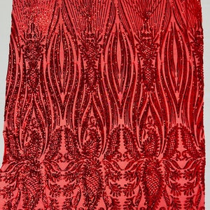 Red Sequin Fabric on a Mesh - by the yard - Paisley Pattern on a 4 Way Stretch Shine Sequins Fabric Mesh-Prom-Gown