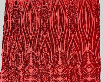 Red Sequin Fabric on a Mesh - by the yard - Paisley Pattern on a 4 Way Stretch Shine Sequins Fabric Mesh-Prom-Gown