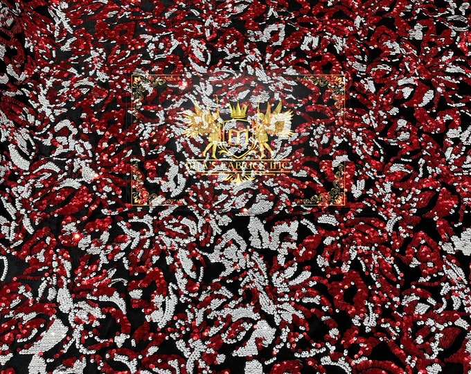 Red/White Sequins Flip Two Tone, Floral Design on Black Stretch Velvet By The Yard