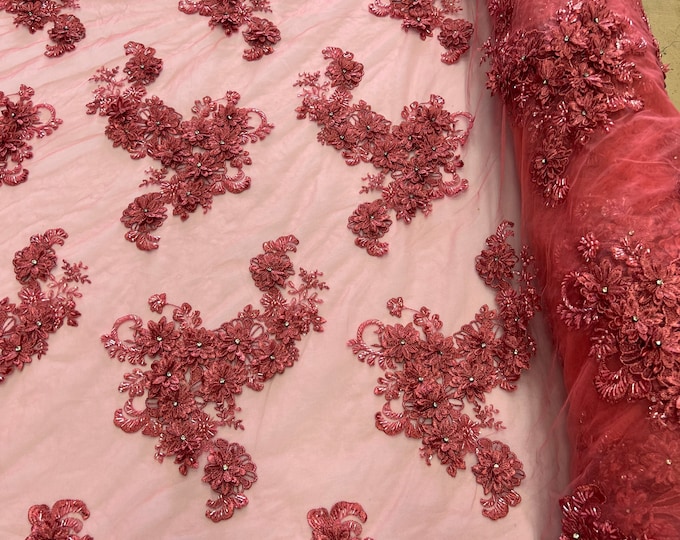 Coral 3D Floral Lace Fabric by the yard, Flower Design Embroider With Rhinestones On a Mesh, Prom-Dresses Beaded Fabric