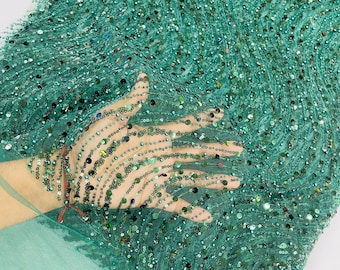 Hunter Green Wave Design Beads and Sequins, Pearl Beaded Fabric Embroidered on a Mesh Lace,Wedding,Bridal,Dress Sold By The Yard
