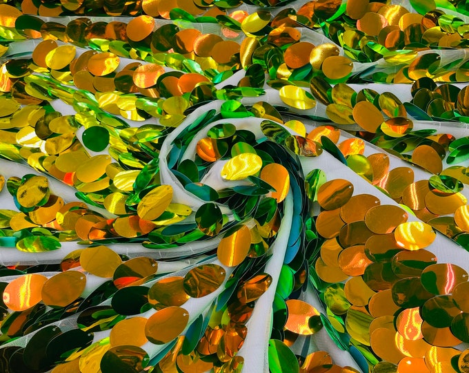 Green Iridescent Jumbo Oval Paillette on a White Mesh by the yard | Jumbo Tear Drop Sequins Fabric | Mia Fabrics Inc