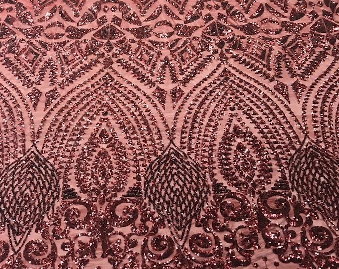 Burgundy Sequin - 4 Way Stretch Geometric Sequins Bella Design on Mesh Fabric for Prom Gala Gown Sold By The Yard