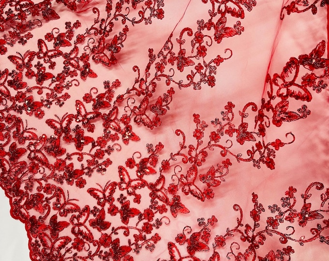 Red Hologram Sequin Butterfly Lace Fabric: Metallic Corded Embroidery with Sequins