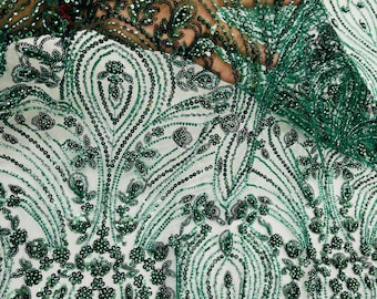 Hunter Green Beaded Lace Fabric: Embroidered Mesh, Bridal Wedding Dress