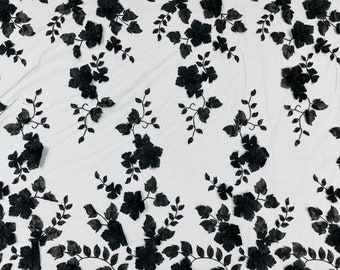 Black 3D Floral Lace Fabric with Pearls: Bridal Wedding Lace By The Yard